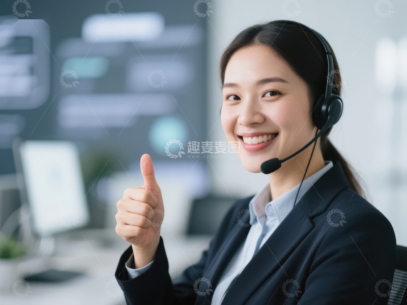 高清大图下载【趣麦麦图】客服人员微笑并竖起大拇指