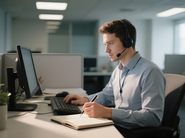 办公室内工作人员使用耳机与电脑