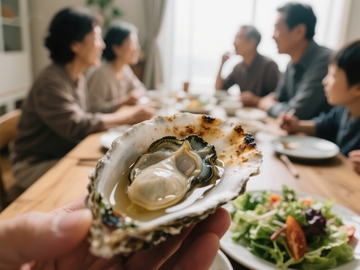 家庭聚餐，手持烤牡蛎