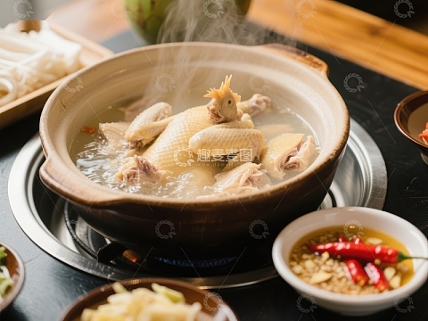 热气腾腾的鸡肉汤锅