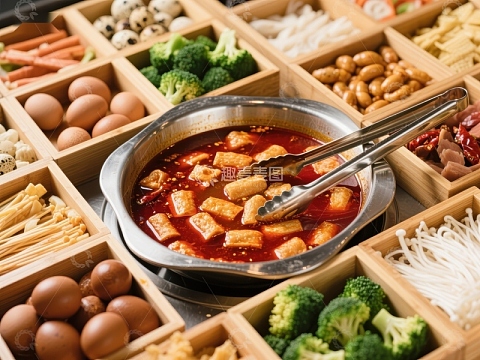 火锅食材拼盘与麻辣汤底