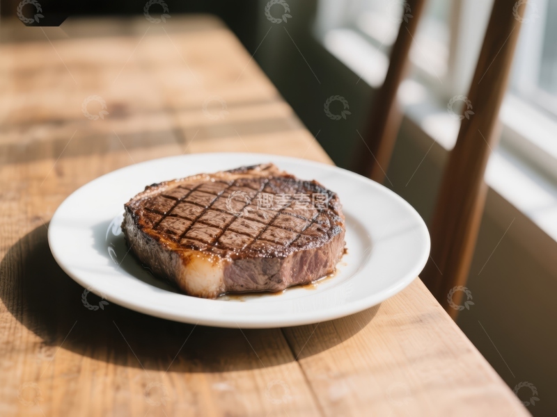 高清大图下载【趣麦麦图】煎制完美的牛排置于白色盘中