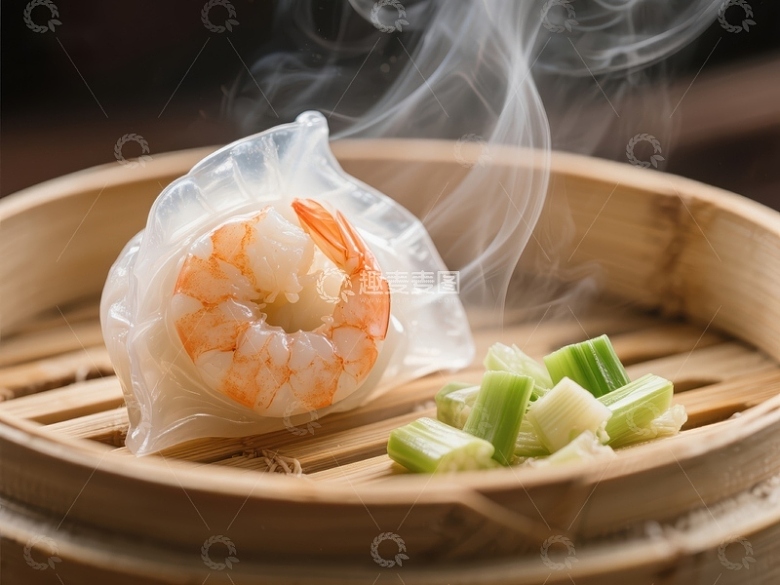 蒸笼中的鲜虾饺与青菜