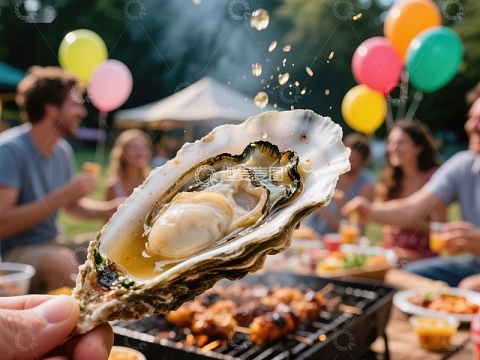 户外烧烤派对上的新鲜生蚝