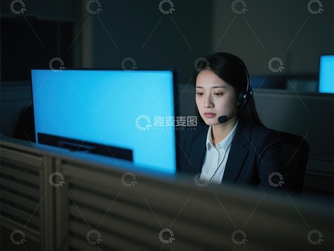 客服人员在夜晚办公室工作