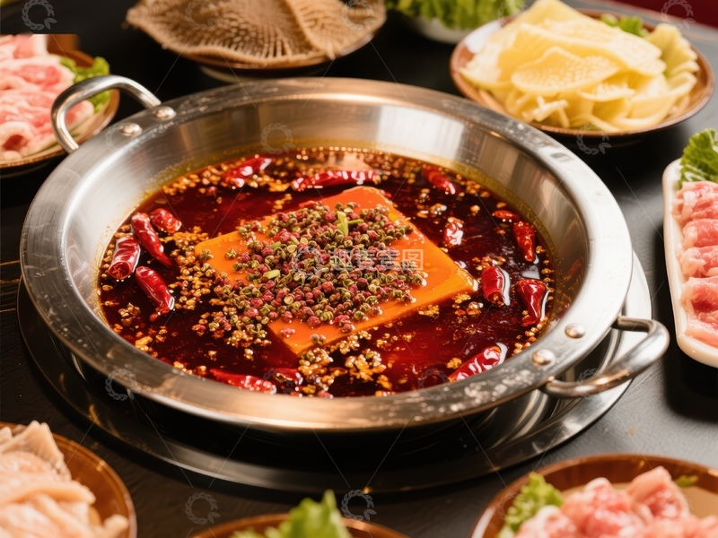 高清大图下载【趣麦麦图】麻辣火锅锅底，配菜丰富诱人