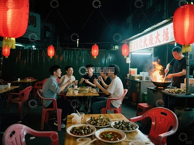 夜市摊前，朋友围坐共享美食