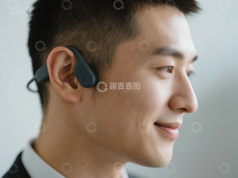 高清大图下载【趣麦麦图】佩戴蓝牙耳机的微笑男子侧脸