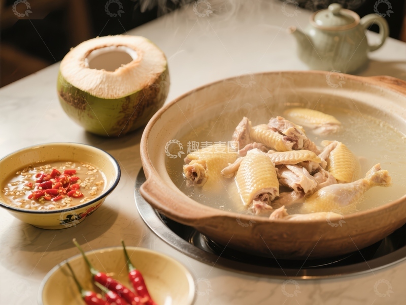 高清大图下载【趣麦麦图】椰子鸡汤热气腾腾，佐料丰富