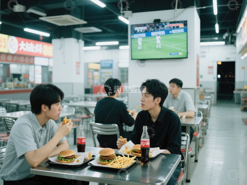 高清大图下载【趣麦麦图】食堂内年轻人边用餐边观看比赛