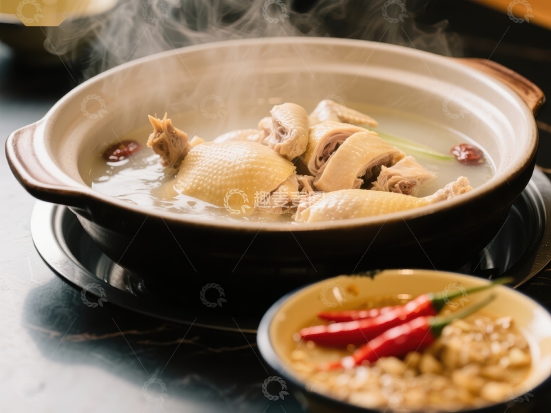高清大图下载【趣麦麦图】热气腾腾的鸡肉汤配辣椒酱