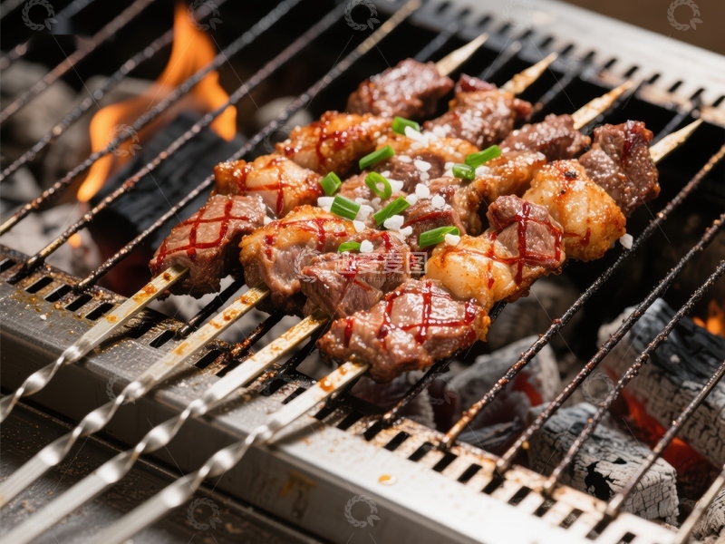 高清大图下载【趣麦麦图】烤肉串在炭火上烧烤