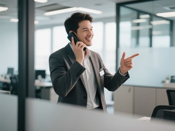 商务人士办公室内通话并指向一侧
