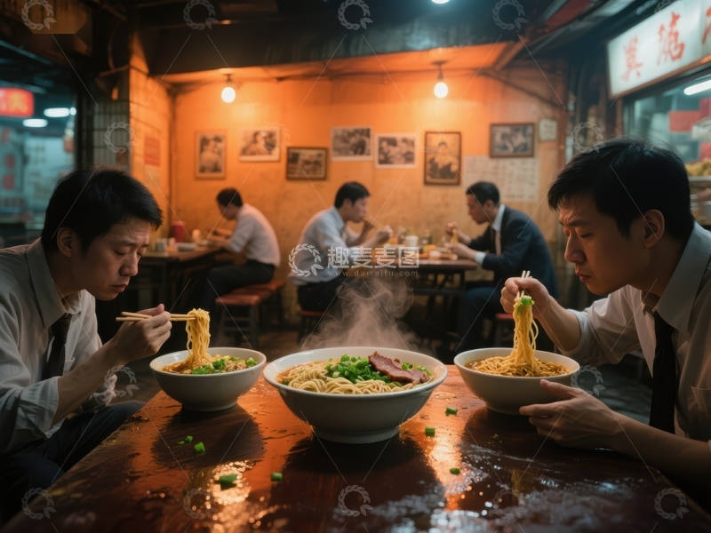 高清大图下载【趣麦麦图】-夜市摊位前，三人共品热腾腾面条
