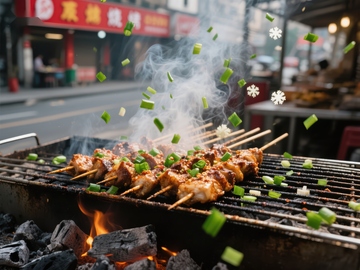 街头烧烤：美味串烧在炭火上滋滋作响