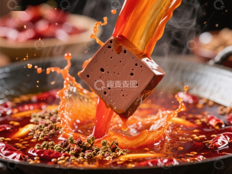高清大图下载【趣麦麦图】火锅中的血豆腐，热辣诱人