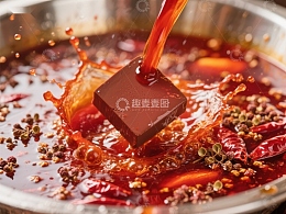 火锅底料倒入锅中溅起红油