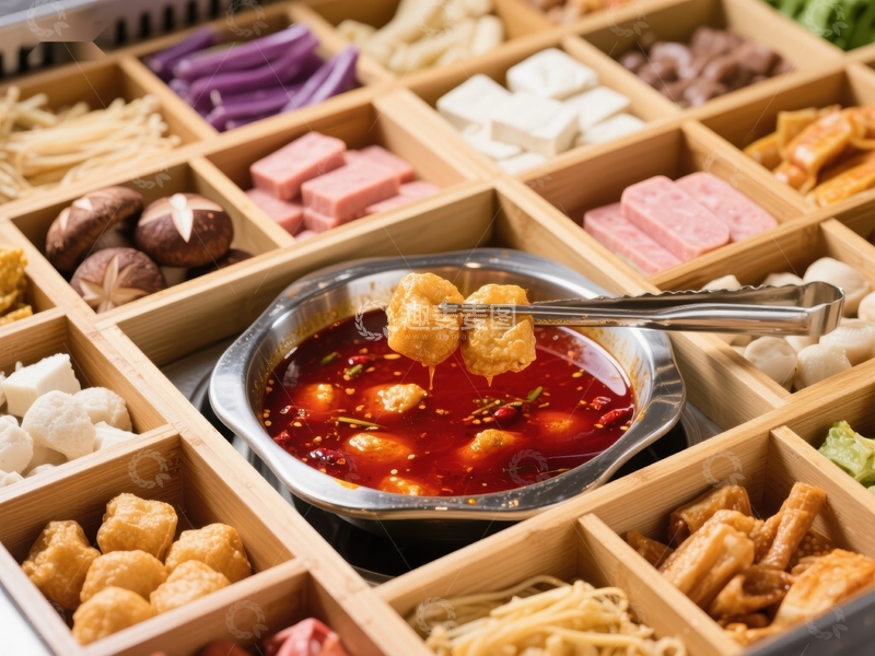 高清大图下载【趣麦麦图】火锅食材拼盘与麻辣汤底