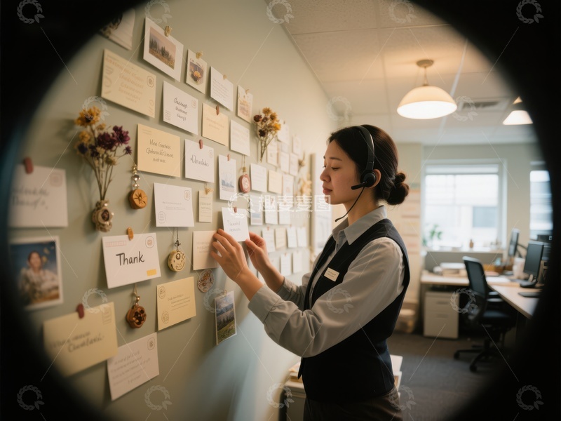 高清大图下载【趣麦麦图】客服人员在办公室墙前整理便签