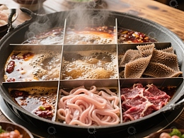 九宫格火锅，热气腾腾食材丰富