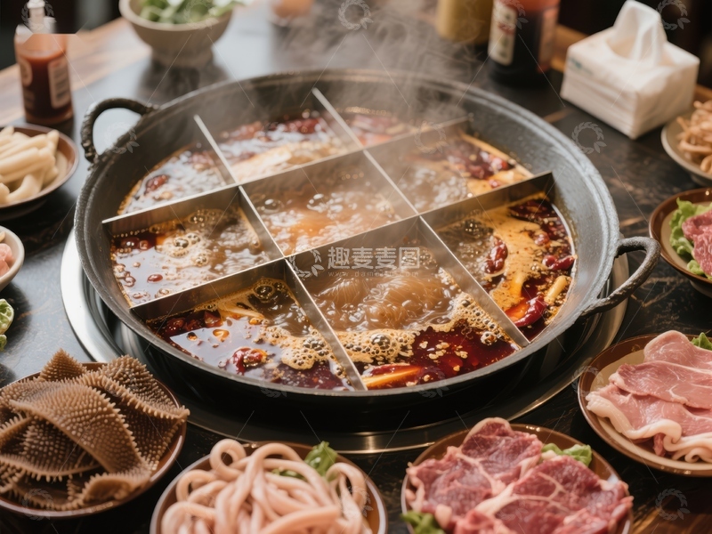 高清大图下载【趣麦麦图】火锅盛宴：多格锅底与丰富食材