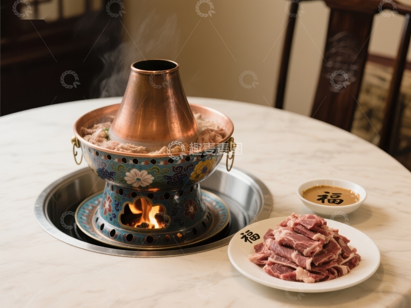 高清大图下载【趣麦麦图】热气腾腾的火锅与新鲜肉片