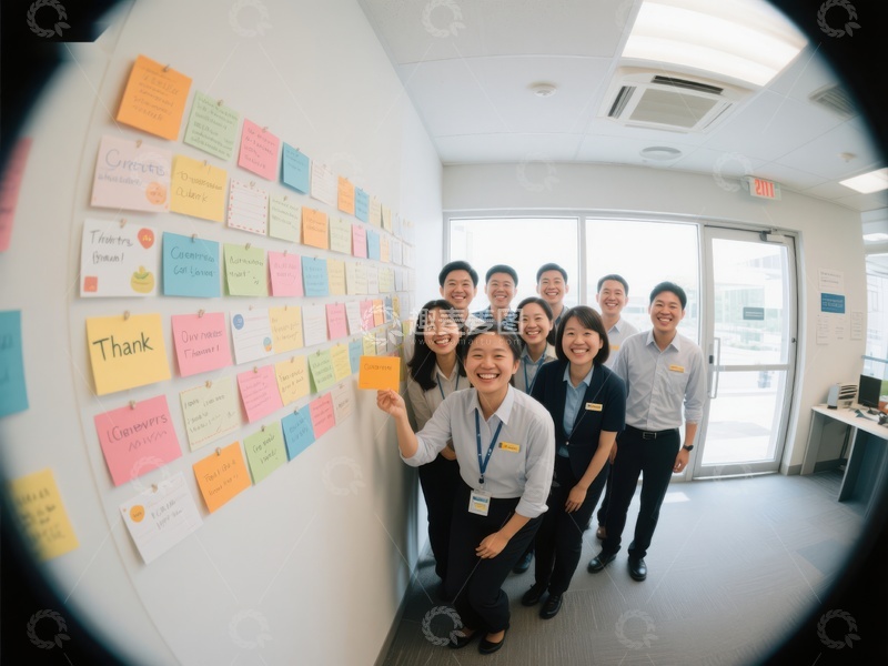 高清大图下载【趣麦麦图】团队成员在贴满便签的墙前合影