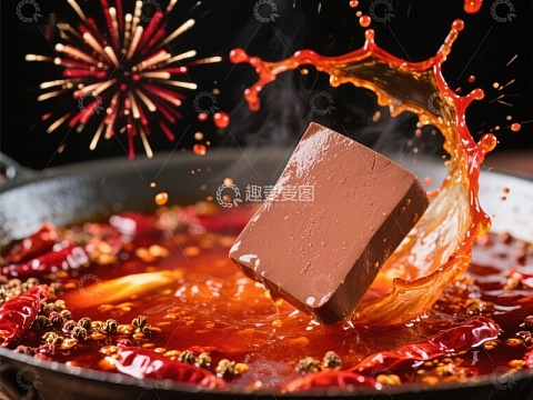 火锅中的豆腐块溅起红油