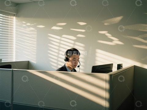 办公室内员工佩戴耳机工作