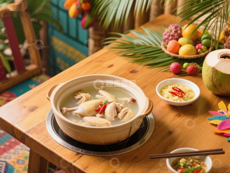 高清大图下载【趣麦麦图】椰子鸡汤热气腾腾，热带风情餐桌布置