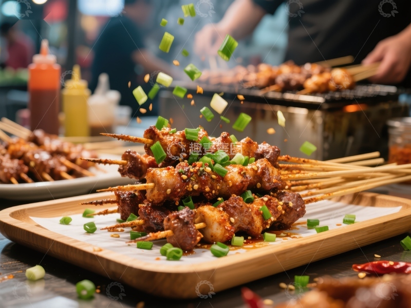 高清大图下载【趣麦麦图】美味串烧，撒上葱花的瞬间