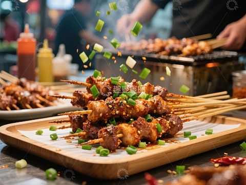 美味串烧，撒上葱花的瞬间