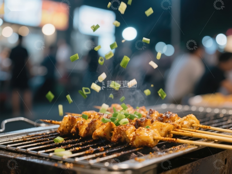 高清大图下载【趣麦麦图】夜市烧烤：葱花飞舞的美味瞬间