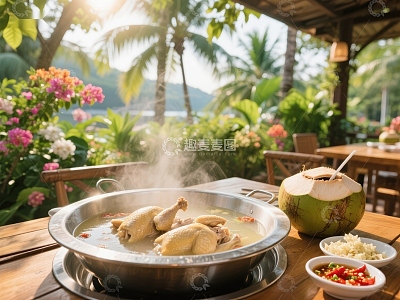 热带花园中的热气腾腾鸡肉火锅