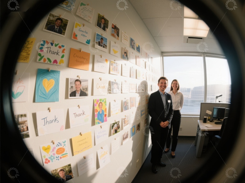 高清大图下载【趣麦麦图】办公室内感谢卡片墙前的两人