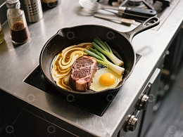 铸铁锅中的牛排、鸡蛋与蔬菜