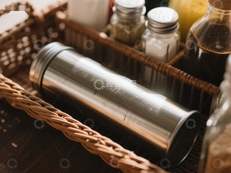 高清大图下载【趣麦麦图】厨房篮中不锈钢量杯与调味品