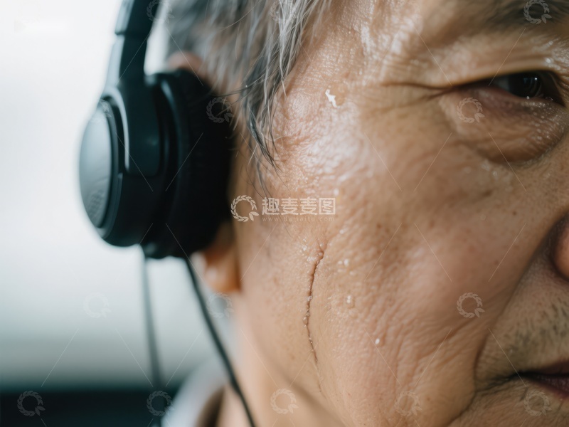 高清大图下载【趣麦麦图】老人佩戴耳机，专注聆听