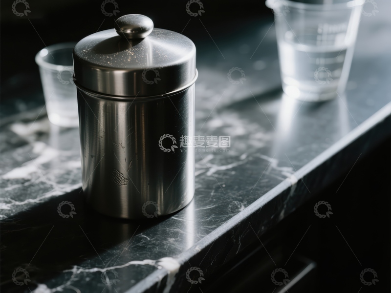 高清大图下载【趣麦麦图】不锈钢罐置于大理石台面
