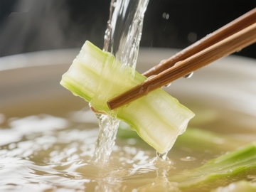 筷子夹起蔬菜浸入热汤