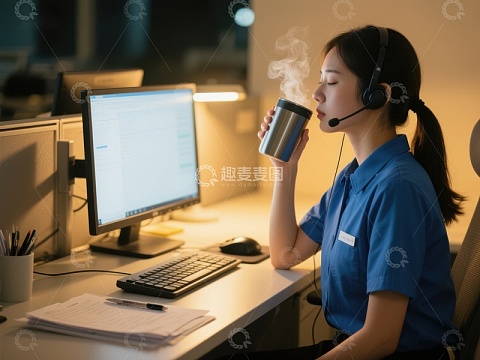 客服人员夜晚工作时喝热饮