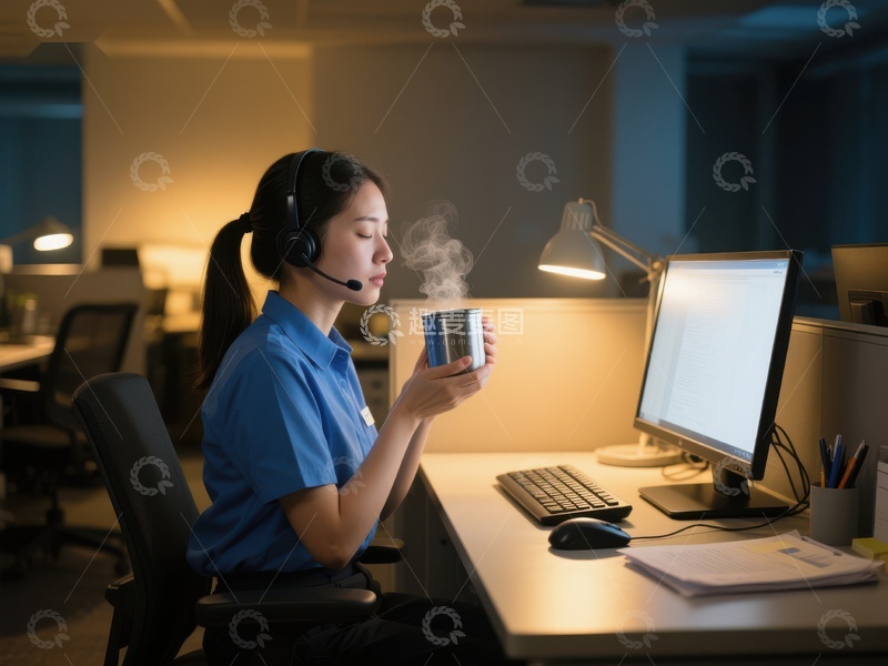 高清大图下载【趣麦麦图】客服人员深夜工作，手持热饮