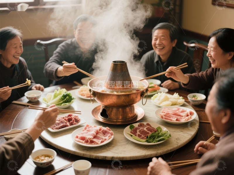 高清大图下载【趣麦麦图】家人围坐享用热气腾腾的火锅