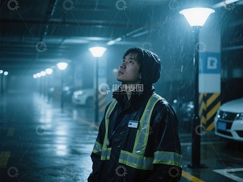 雨夜地下车库中的守望者