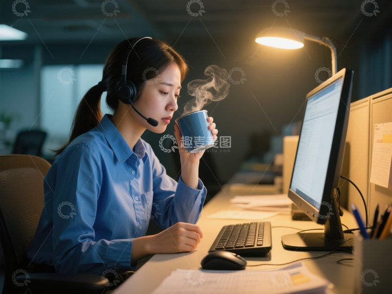 高清大图下载【趣麦麦图】客服人员深夜工作，手持热饮