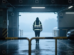 雨中车库，背影前行
