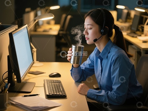客服人员深夜工作，手握热饮