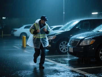 雨夜停车场中的工作人员