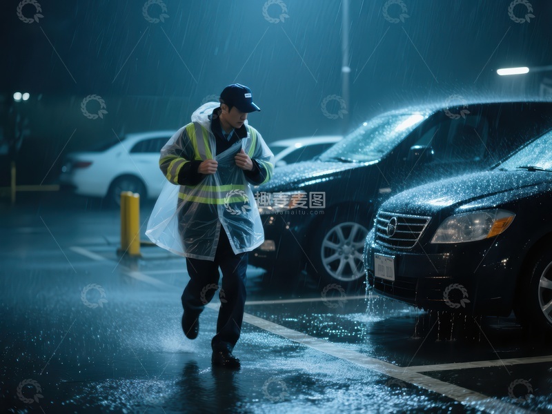 高清大图下载【趣麦麦图】雨夜停车场中的工作人员