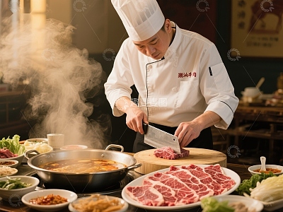 厨师精心准备火锅食材